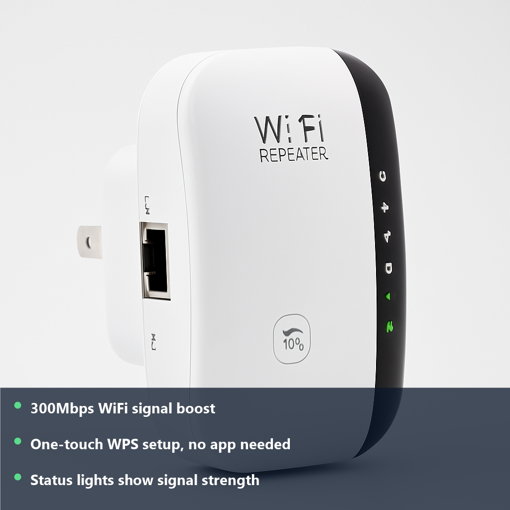 WiFi Range Extender 300Mbps - studio photo with benefit highlights