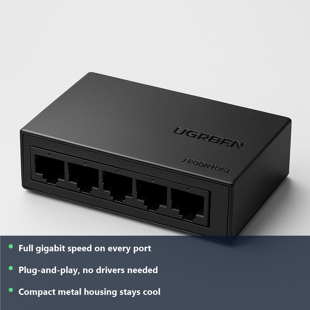 UGREEN Gigabit Ethernet Switch - studio photo with benefit highlights