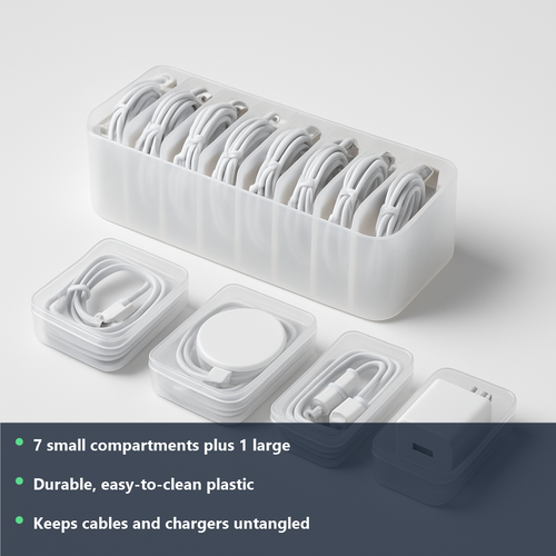 Cable Storage Organizer Box - studio photo with benefit highlights