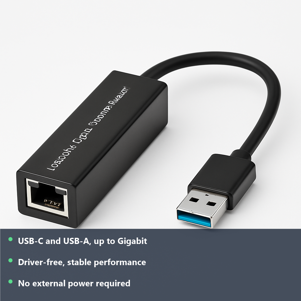 USB to Ethernet Adapter - studio photo with benefit highlights