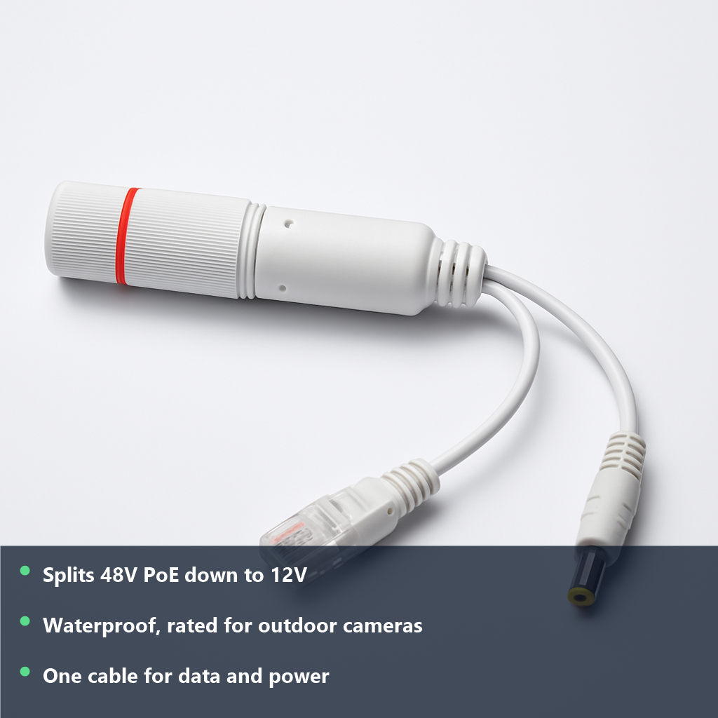 48V to 12V POE Splitter - studio photo with benefit highlights