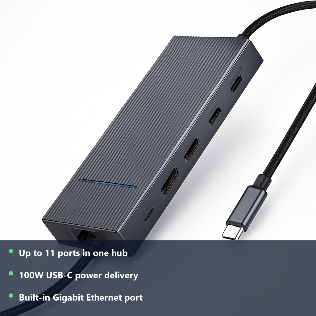 UGREEN 10-in-1 USB-C Hub - studio photo with benefit highlights