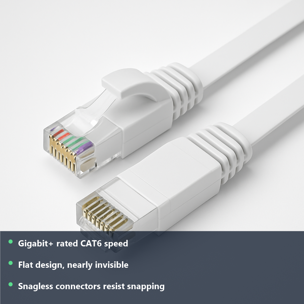 Cat6 Flat Ethernet Cable - studio photo with benefit highlights