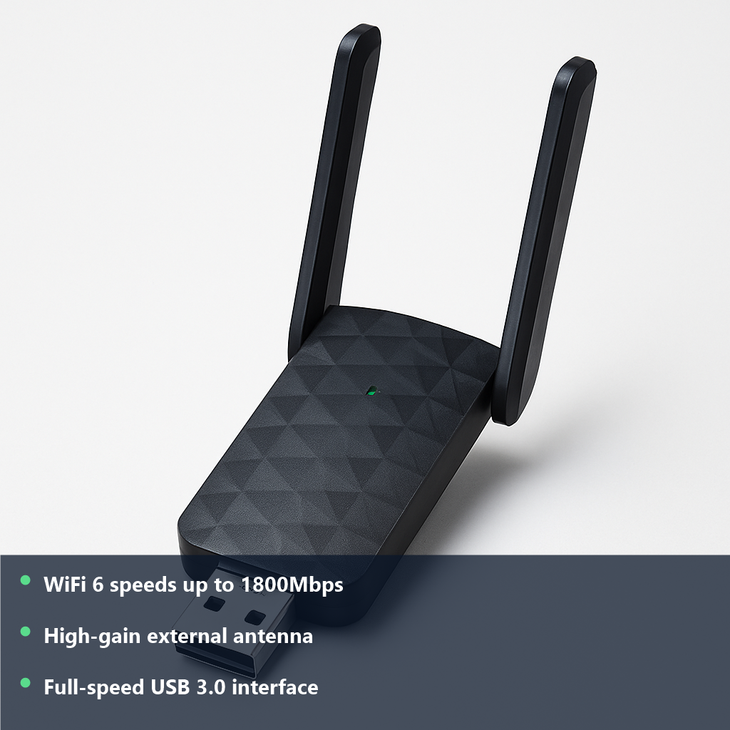 WiFi 6 USB Adapter - studio photo with benefit highlights