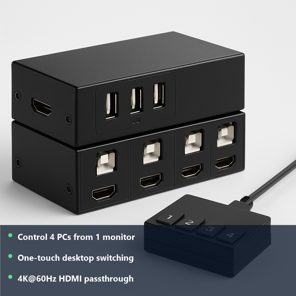 4-Port HDMI KVM Switch - studio photo with benefit highlights