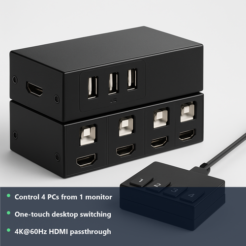4-Port HDMI KVM Switch - studio photo with benefit highlights